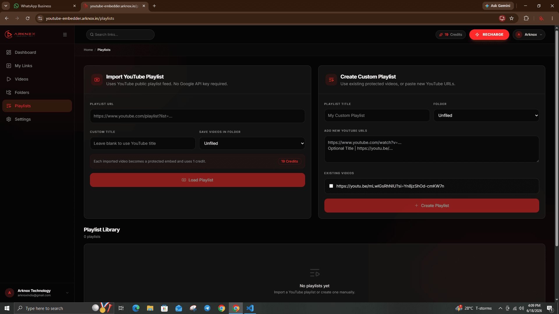 Arknox course builder showing the Import YouTube Playlist and Create Custom Playlist interface