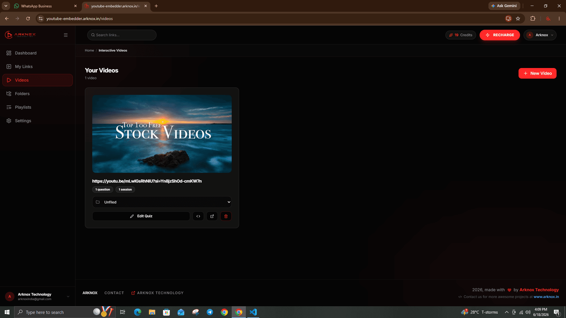 Arknox dashboard showing the Videos page with a branded YouTube embed ready to use
